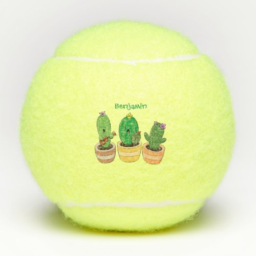 Cute cactus trio singing cartoon illustration tennis balls