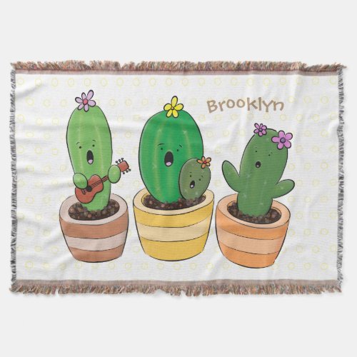 Cute cactus trio singing cartoon illustration throw blanket