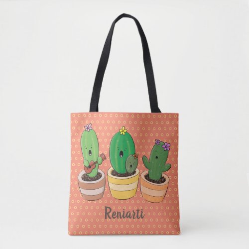 Cute cactus trio singing cartoon illustration tote bag