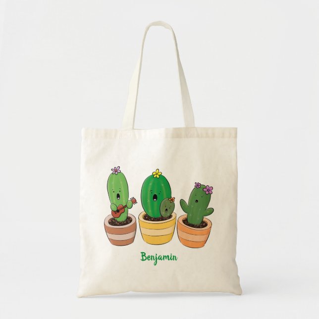 Cute cactus trio singing cartoon illustration tote bag (Front)