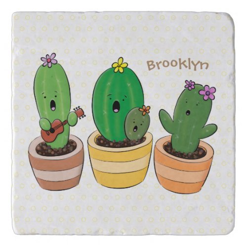 Cute cactus trio singing cartoon illustration trivet