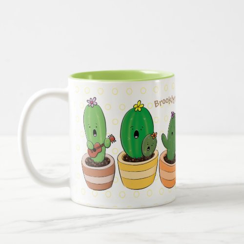 Cute cactus trio singing cartoon illustration Two_Tone coffee mug