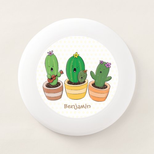 Cute cactus trio singing cartoon illustration Wham_O frisbee