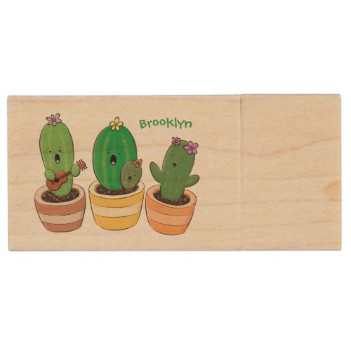 Cute cactus trio singing cartoon illustration wood flash drive