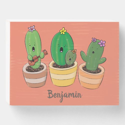 Cute cactus trio singing cartoon illustration wooden box sign