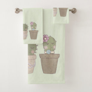 Cute Cactus Trio Wearing Jewelry Bath Towel Set