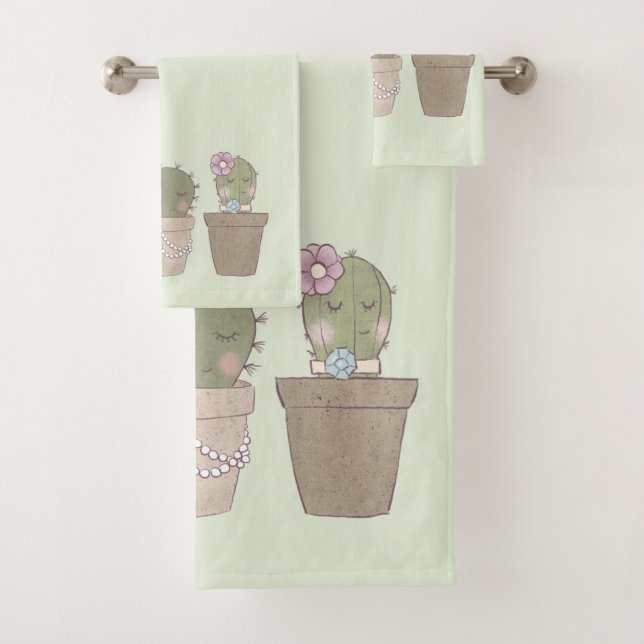 Cute Cactus Trio Wearing Jewelry Bath Towel Set (Insitu)