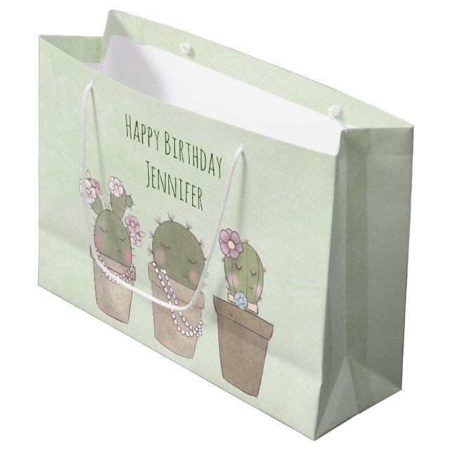 Cute Cactus Trio Wearing Jewelry Birthday Large Gift Bag (Front Angled)