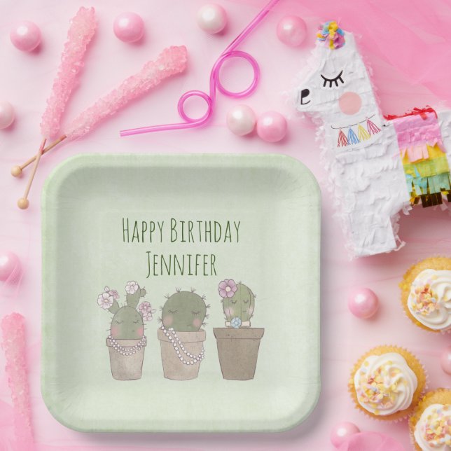 Cute Cactus Trio Wearing Jewelry Birthday Paper Plates (Party)