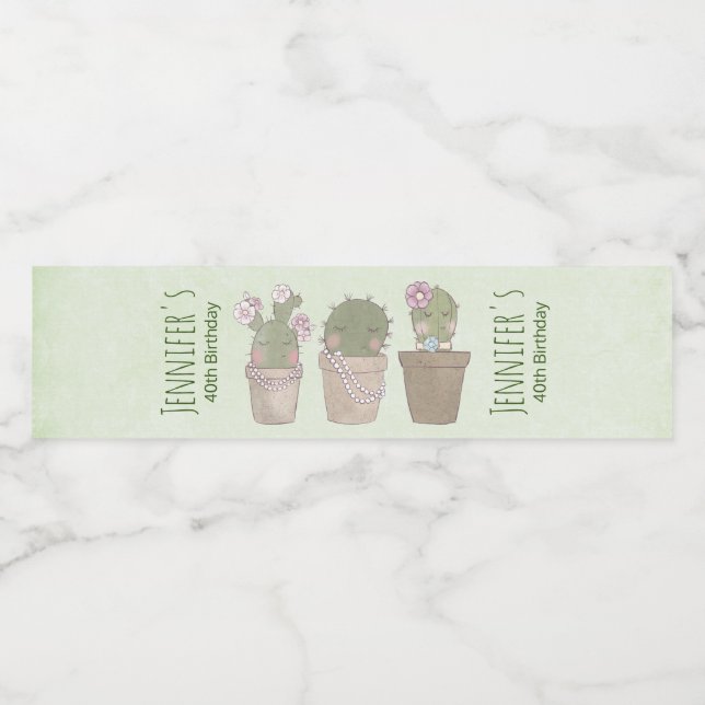 Cute Cactus Trio Wearing Jewelry Birthday Water Bottle Label (Single Label)