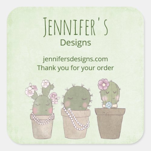 Cute Cactus Trio Wearing Jewelry Business Square Sticker