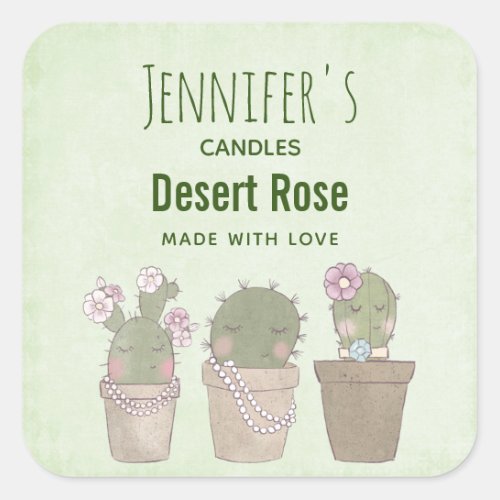 Cute Cactus Trio Wearing Jewelry Candle Business Square Sticker