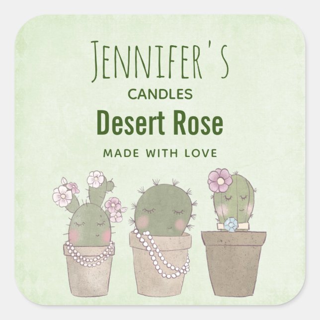 Cute Cactus Trio Wearing Jewelry Candle Business Square Sticker (Front)