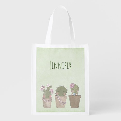 Cute Cactus Trio Wearing Jewelry Grocery Bag