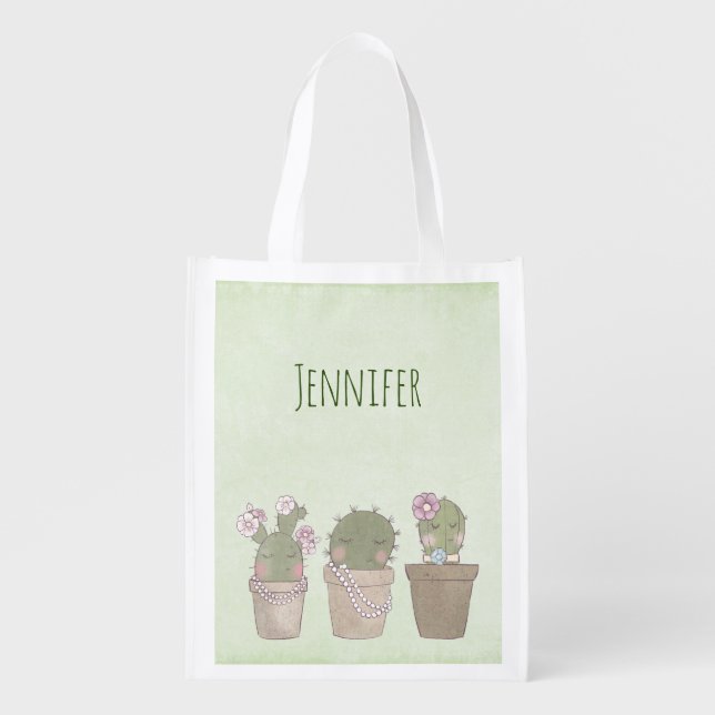 Cute Cactus Trio Wearing Jewelry Grocery Bag (Front)