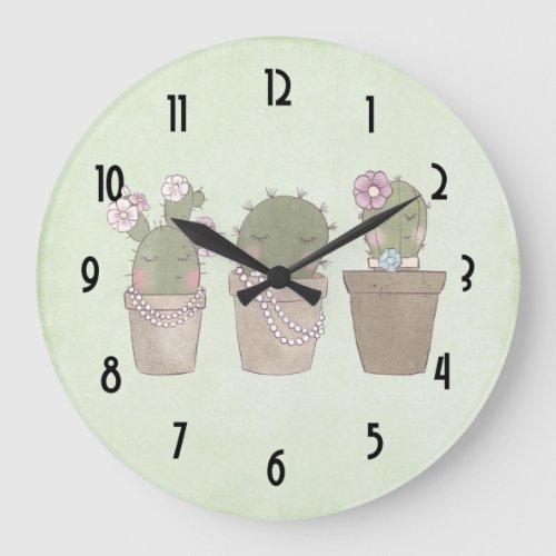 Cute Cactus Trio Wearing Jewelry Large Clock