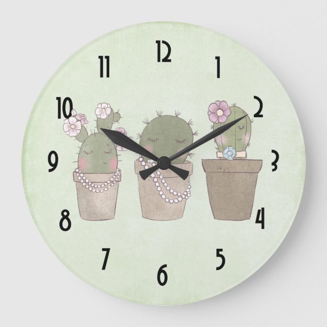 Cute Cactus Trio Wearing Jewelry Large Clock (Front)