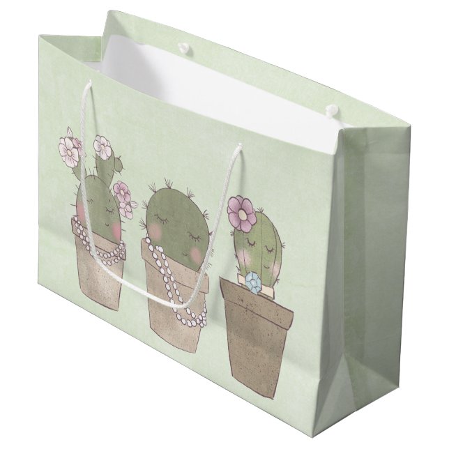 Cute Cactus Trio Wearing Jewelry Large Gift Bag (Front Angled)