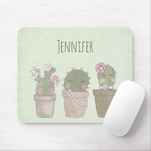 Cute Cactus Trio Wearing Jewelry Mouse Pad