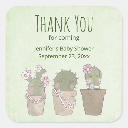 Cute Cactus Trio Wearing Jewelry Party Thank You Square Sticker