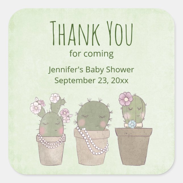 Cute Cactus Trio Wearing Jewelry Party Thank You Square Sticker (Front)