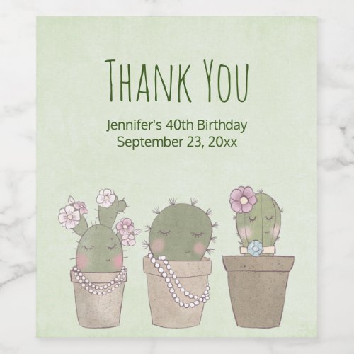 Cute Cactus Trio Wearing Jewelry Party Thank You Wine Label