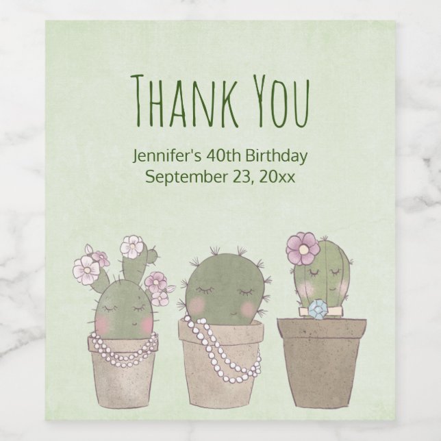 Cute Cactus Trio Wearing Jewelry Party Thank You Wine Label (Single Label)