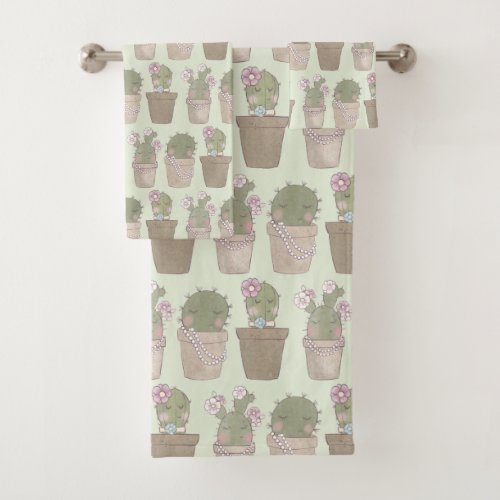 Cute Cactus Trio Wearing Jewelry Patterned Bath Towel Set