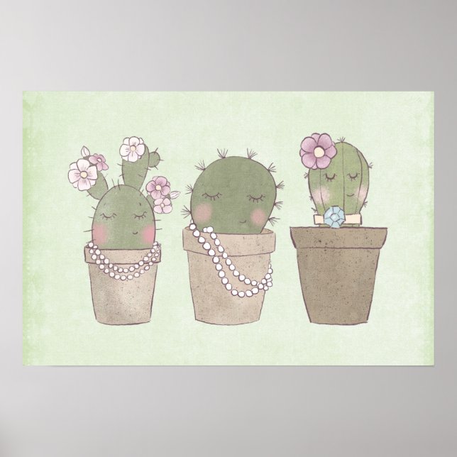 Cute Cactus Trio Wearing Jewelry Poster (Front)