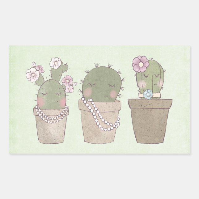 Cute Cactus Trio Wearing Jewelry Rectangular Sticker (Front)