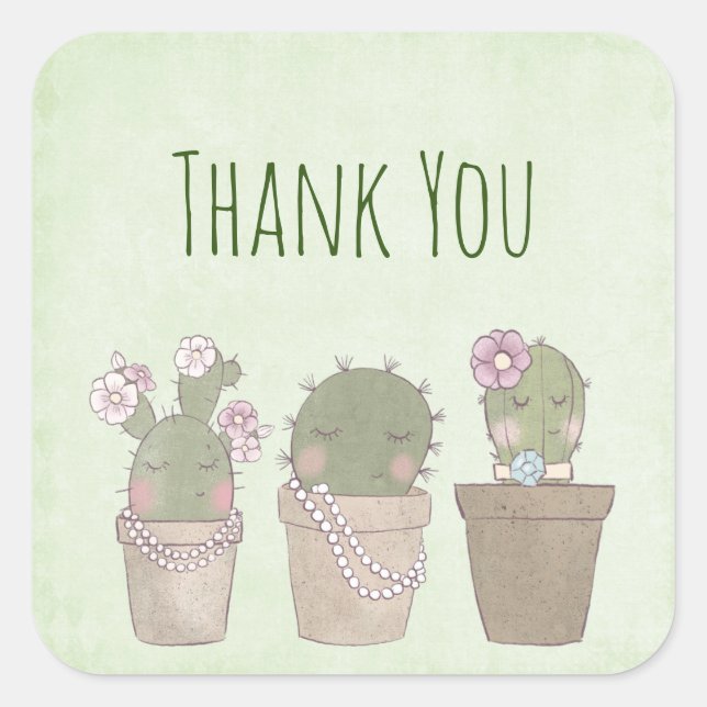 Cute Cactus Trio Wearing Jewelry Square Sticker (Front)