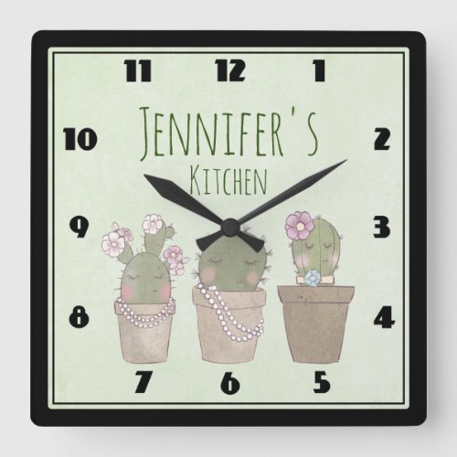 Cute Cactus Trio Wearing Jewelry Square Wall Clock