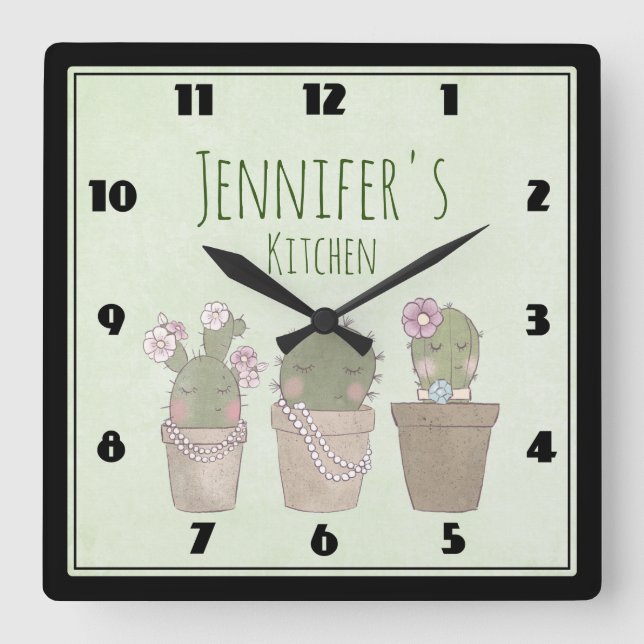 Cute Cactus Trio Wearing Jewelry Square Wall Clock (Front)