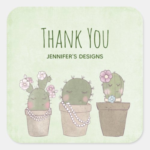 Cute Cactus Trio Wearing Jewelry Thank You Square Sticker