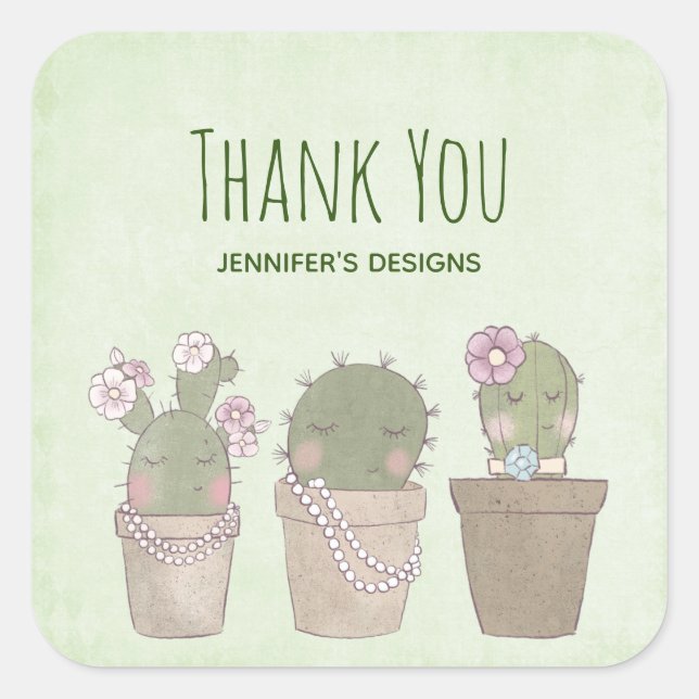 Cute Cactus Trio Wearing Jewelry Thank You Square Sticker (Front)