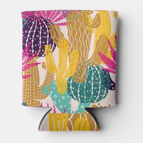 Cute Cactus Vintage Seamless Illustration Can Cooler