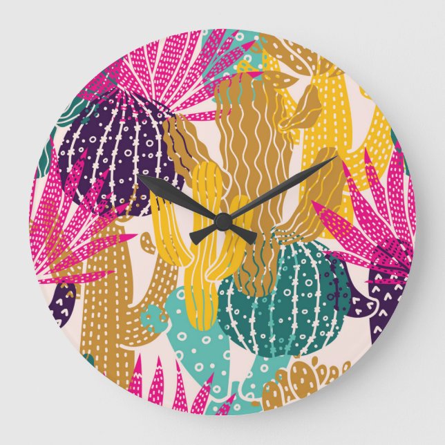 Cute Cactus Vintage Seamless Illustration. Large Clock (Front)