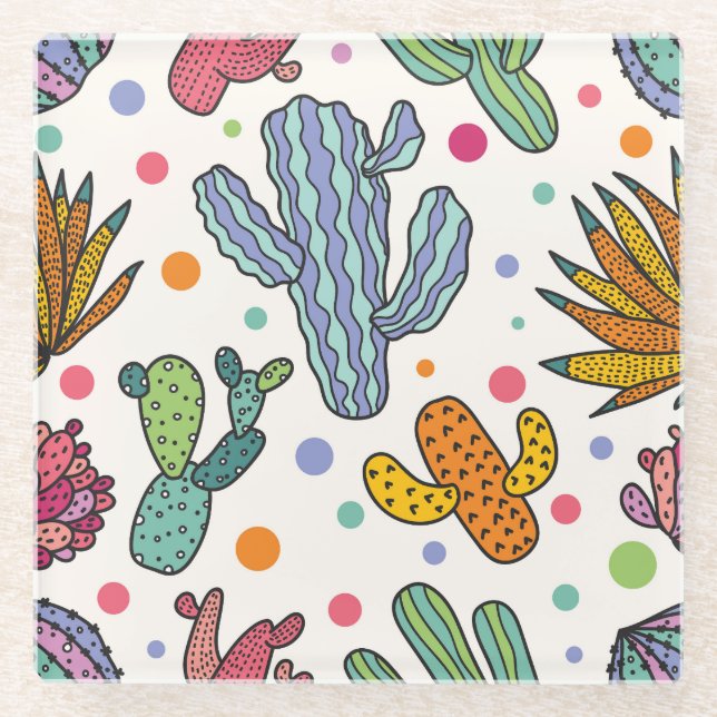 Cute Cactus Vintage Seamless Pattern Glass Coaster (Front)