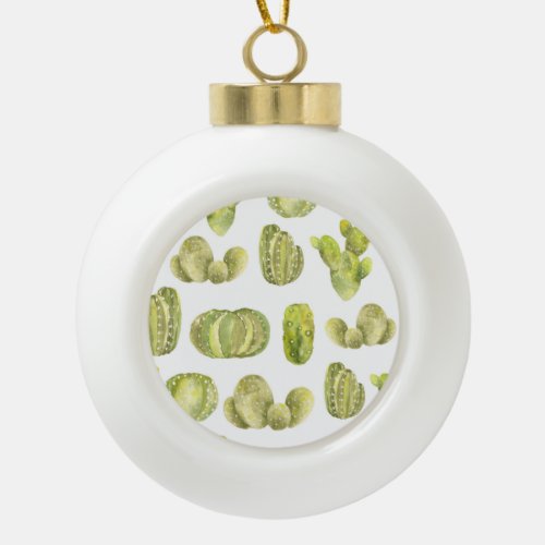 Cute Cactus Watercolor Seamless Decor Ceramic Ball Christmas Ornament