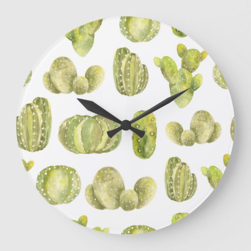 Cute Cactus Watercolor Seamless Decor Large Clock