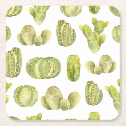 Cute Cactus Watercolor Seamless Decor Square Paper Coaster