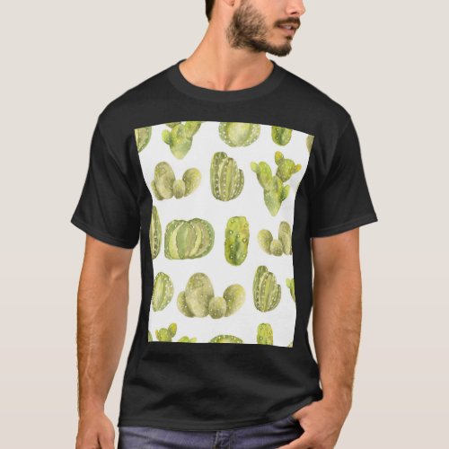 Cute Cactus Watercolor Seamless Decor T_Shirt