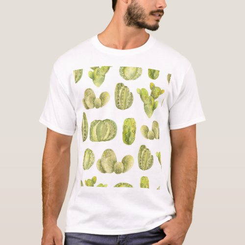 Cute Cactus Watercolor Seamless Decor T_Shirt