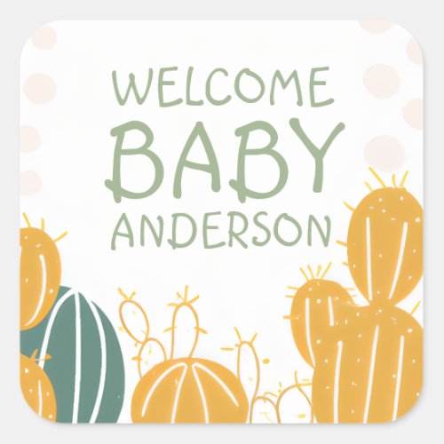 Cute Cactus Welcome Baby Name Baby Shower Square Sticker