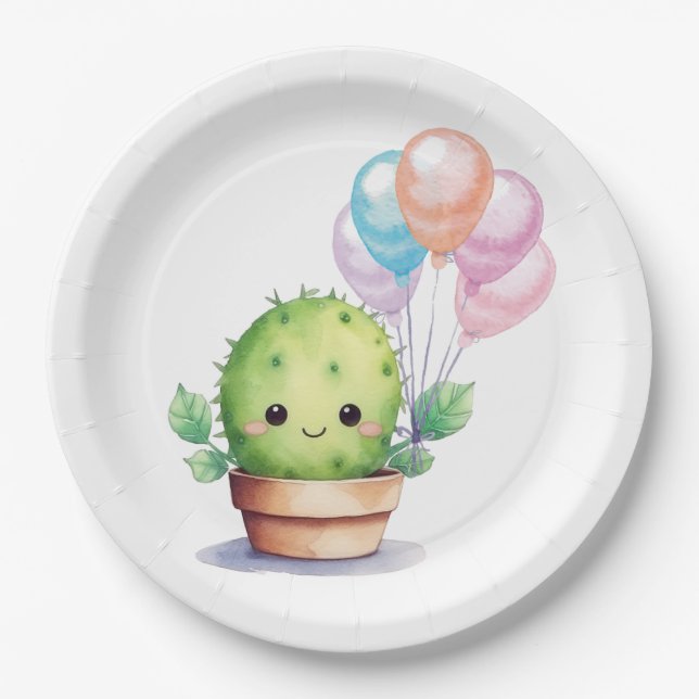 Cute Cactus with Birthday Balloons Paper Plates (Front)