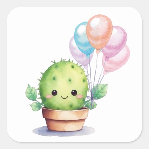 Cute Cactus with Birthday Balloons Square Sticker