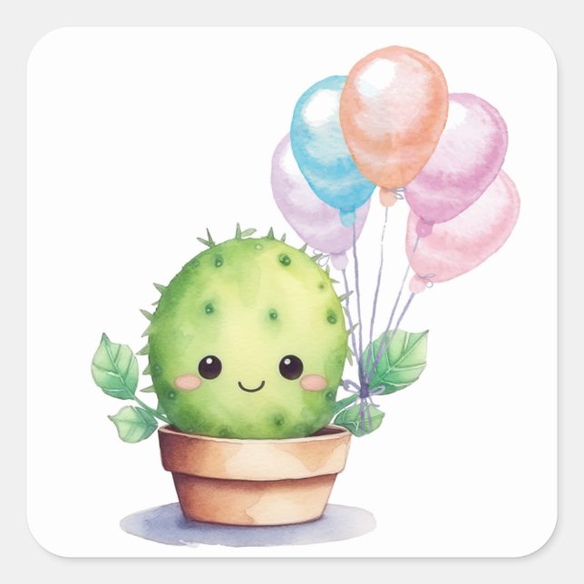 Cute Cactus with Birthday Balloons Square Sticker (Front)