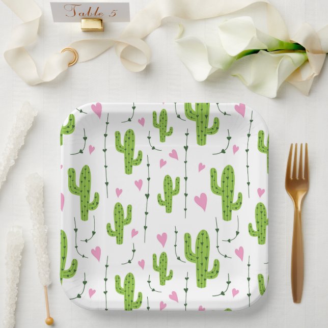 Cute cactus with hearts in green paper plates (Wedding)