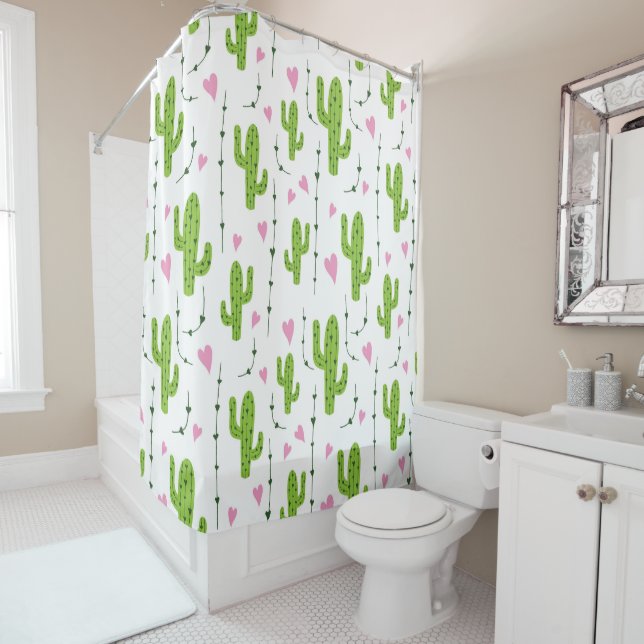 Cute cactus with hearts in green shower curtain (In Situ)