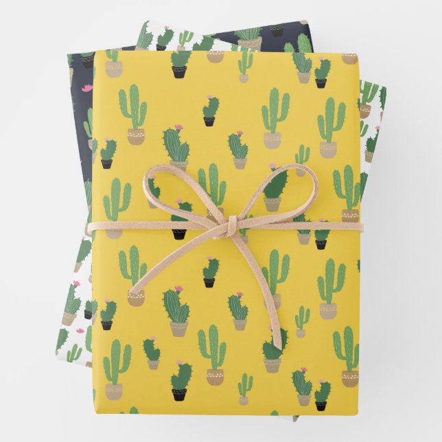 Cute Cactus Yellow Blue Pattern Wrapping Paper Sheets (In situ)